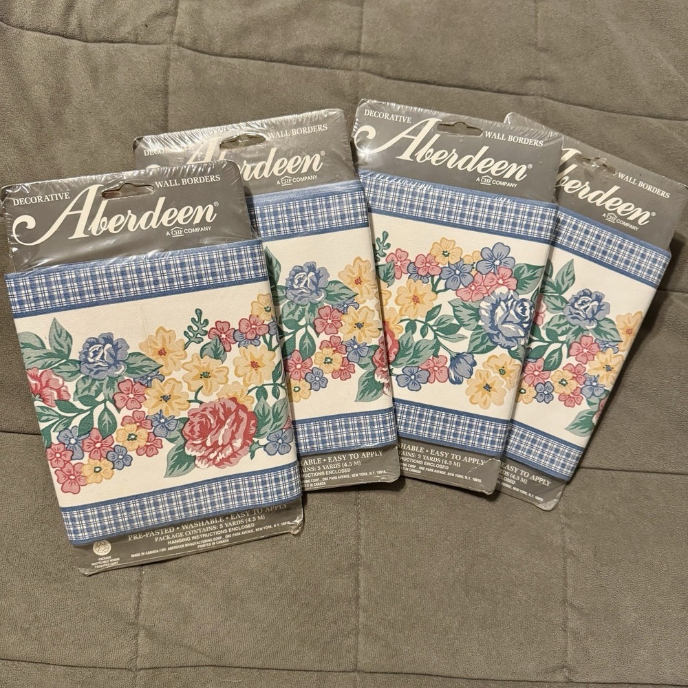 Vintage Pre Pasted Floral Flower Wall Paper Borders 20 yd Aberdeen Lot of 4‎ New
